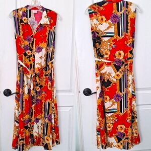 Neeru Kumar Midi Dress Pearl Buttons Sleeveless Red Black Gold